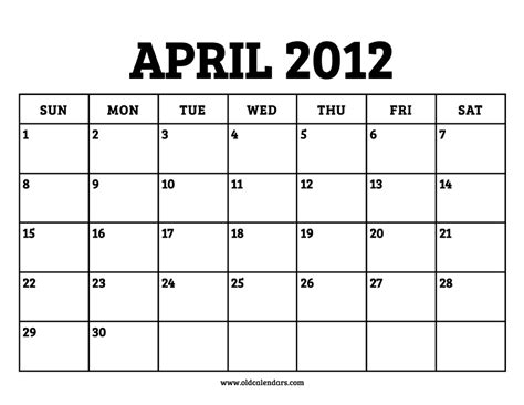 2012 April Calendar Printable